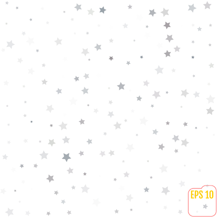 Silver glitter falling stars. Silver sparkle star on white background. Vector template for New year, Christmas, birthday, party, wedding, card, invitation, flyer, voucher, web, header. Star confetti.のイラスト素材