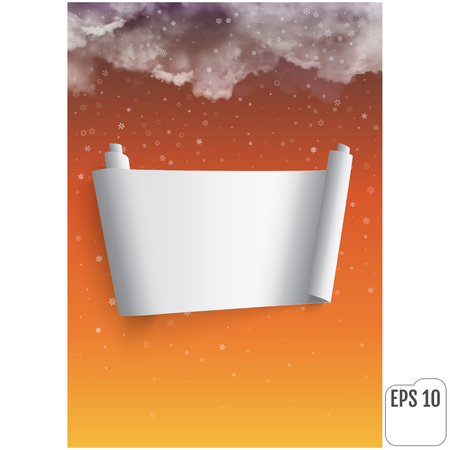 Thunderclouds and snowfall against the background of sunrise or sunset. Vector Realistic clouds.  Postcard with a place for recordingのイラスト素材