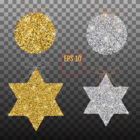 Golden  and silver Christmas stars and balls isolated on transparent backgroundのイラスト素材