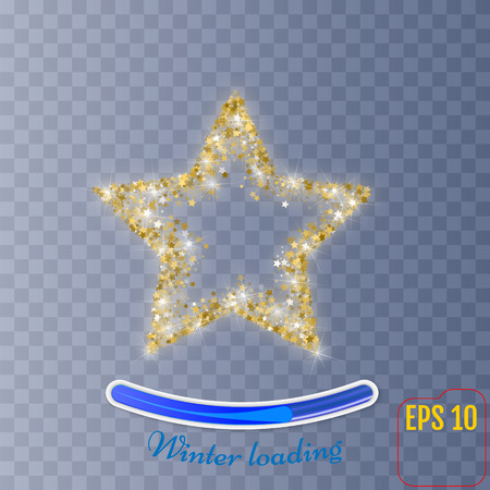 Golden Christmas Star isolated on white Background. Top View. Golden stars confetti, Winter loading conceptのイラスト素材
