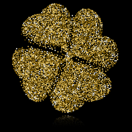 Gold clover on black background. Star confetti illustration.のイラスト素材