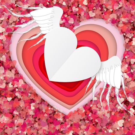 Red and white paper hearts isolated on red  background with hearts confetti. Vectorのイラスト素材