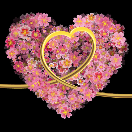 Valentines Day Heart Made of Cherry Flowers Isolated on Black Background. 3d Gold heart in flowers. Vector illustrationのイラスト素材