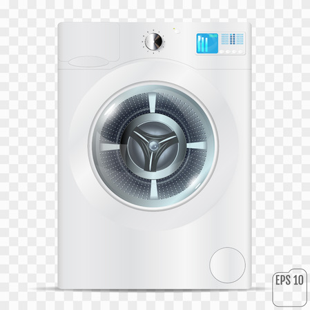 White Washing Machine Isolated on a Transparent Background. Front View of Stainless Steel Steam Washer. Front Load Washing Machine with Electronic Control Panel.のイラスト素材
