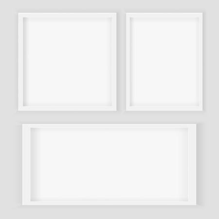 Realistic 3d Square and Rectangular White Blank Picture frame, hanging on a White Wall from the Front. Design Template for Mock Up.のイラスト素材