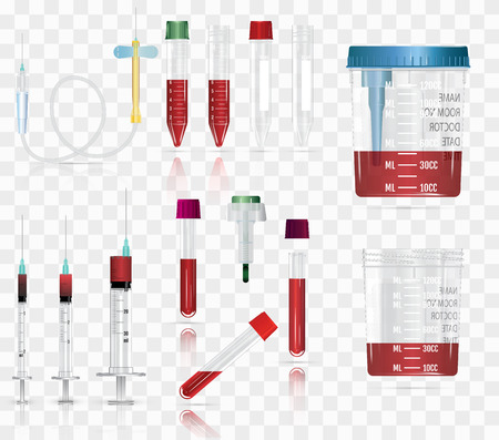 Realistic medical supplies. For blood collection set, for short term, laboratory test-tubes and syringes. Vector illustration on transparent background. 3dのイラスト素材