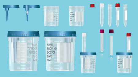 Modern realistic 3d  vials and vacuum containers with lid and needle for blood sampling, biomaterials and analysis. Cover device and practical scheme of work. Vectorのイラスト素材