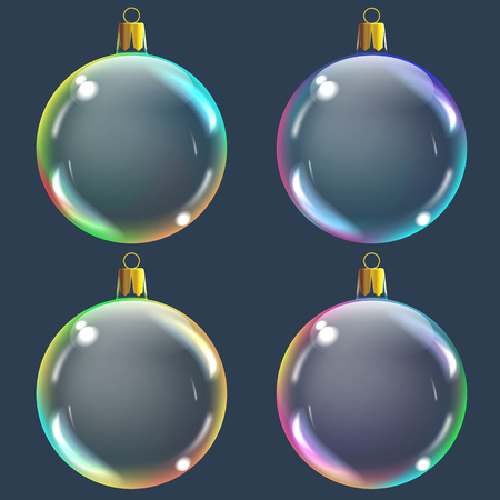 Vector realistic transparent colored Christmas balsl on a dark abstract backgroundのイラスト素材