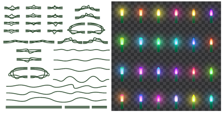 Vector set of christmas lights isolated on transparent background, and set of seamless wires to create a festive garland any complexity.のイラスト素材