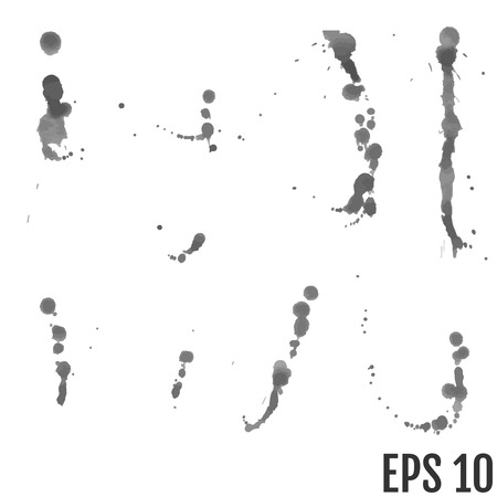 Set of grey splash on white background. Grunge ink blots and drops. High quality manually traced vector illustrationのイラスト素材