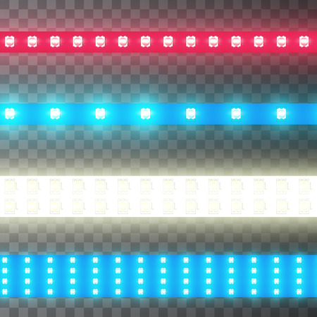 Decoration illuminated tape, led strip bright light, realistic set. Glowing lamp in line on black. Vector illustrationのイラスト素材