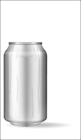Realistic aluminum can with water drops. Metallic can for beer, soda, lemonade, juice, energy drink. Vector mockup, blank with copy space.のイラスト素材