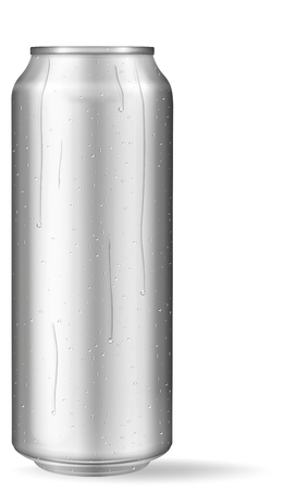 Realistic aluminum can with water drops. Metallic can for beer, soda, lemonade, juice, energy drink. Vector mockup, blank with copy space.のイラスト素材