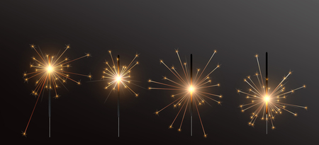 Realistic Holiday Bengal Light, with bright sparkle burning. Vector christmas diwali firework candle, celebration sparkler lights. Set 4 in 1のイラスト素材