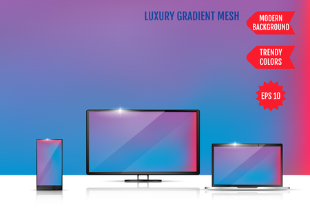 Modern abstract background. Colors transition concept. Gradient mesh. Trendy colored Surface. An example of the use of the proposed background on the screen of a laptop, smartphone and TVのイラスト素材