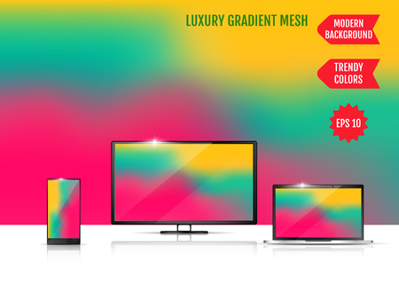 Modern abstract background. Colors transition concept. Gradient mesh. Trendy colored Surface. An example of the use of the proposed background on the screen of a laptop, smartphone and TVのイラスト素材