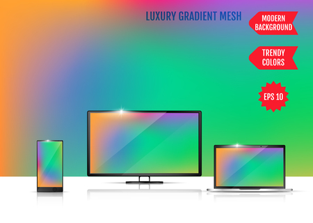 Modern abstract background. Colors transition concept. Gradient mesh. Trendy colored Surface. An example of the use of the proposed background on the screen of a laptop, smartphone and TVのイラスト素材