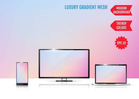 Modern abstract background. Colors transition concept. Gradient mesh. Trendy colored Surface. An example of the use of the proposed background on the screen of a laptop, smartphone and TVのイラスト素材
