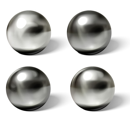 Set of steel or silver balls with shadows from below realistic vector isolated on white background. Shiny, metallic spheres with reflections on chrome or matt surface 3d illustrations collectionのイラスト素材