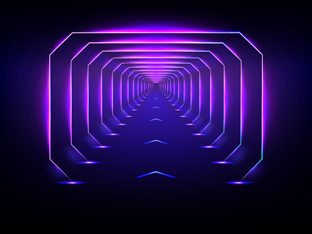 Endless tunnel optical illusion, spaceship corridor, science fiction rocket launching runway or teleport illuminating fluorescent neon light realistic. Abstract futuristic background with light effectのイラスト素材
