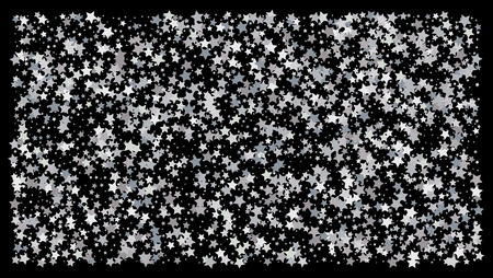 Silver stars. Confetti celebration on black background. Falling silver abstract decoration for party, birthday celebrate, anniversary or event, festive. Festival decor. Vector illustrationのイラスト素材