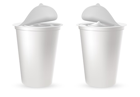 Realistic plastic packages for yogurt, dairy sour cream or mayonnaise. Empty and full plastic cup with foil lid, cap. Mockup of farm product on white background. Design for ad poster, promo banner of food.のイラスト素材