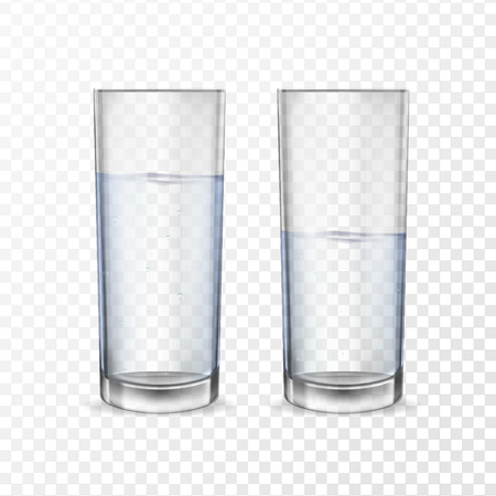 Realistic glasses for drinks with water cups set. 3D transparent dishes for water juice, bar drinks and non-alcoholic, alcoholic beverages. Empty, half and full water glasses.のイラスト素材