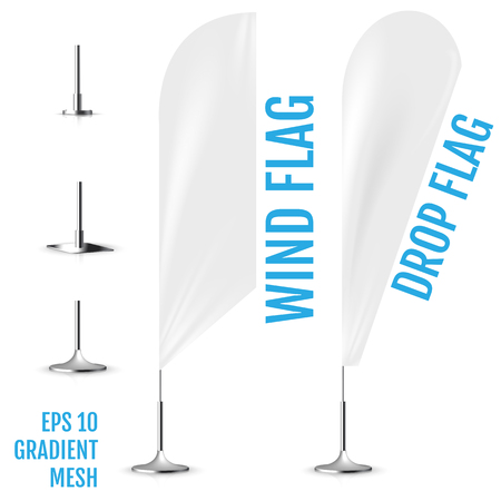 Realistic white banner flags 3d mockup. Textile waving advertisement banner flags.のイラスト素材