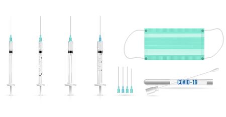 Medical test and protection against coronavirus covid-19. Set of syringes and needles for vaccination. Transport swab. Vectorのイラスト素材