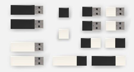USB pen drives, black and white flash disks. USB flash drives. Isolated. Vector.