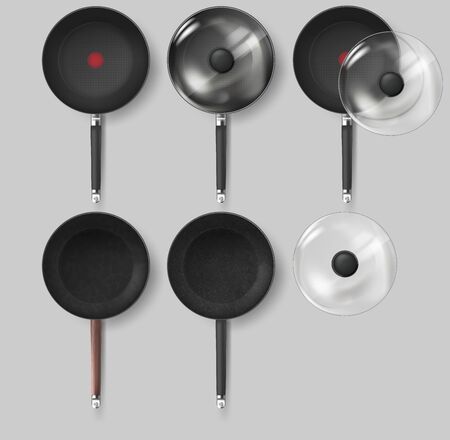 Realistic Classic fry pan with glass lid and handle. Vectorのイラスト素材
