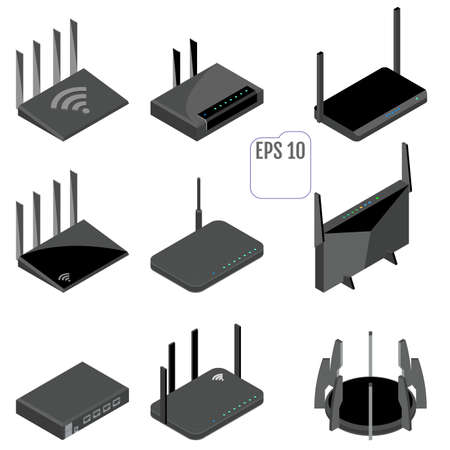 Router isometric icons set. Vectorのイラスト素材