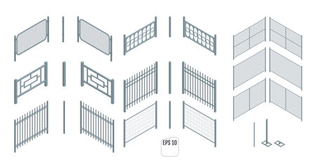 Isometric metal fence sections. Vectorのイラスト素材