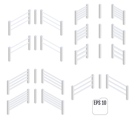 Isometric white fence sections. Vectorのイラスト素材
