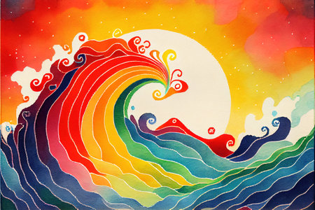 Rainbow wave watercolor background in kid styleの写真素材