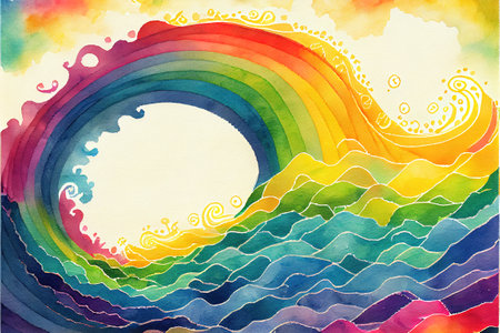 Rainbow wave watercolor background in kid styleの写真素材