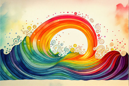 Rainbow wave watercolor background in kid styleの写真素材