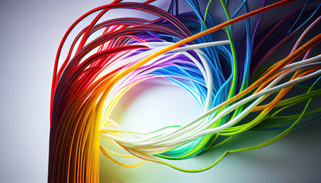 Bright rainbow wires abstract background. AI renderの写真素材