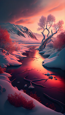 Beautiful extraterrestrial snowy glacial landscape red tree. AI generatedの写真素材