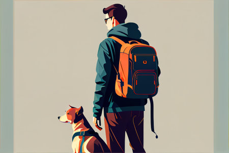 Autumn journey of a man with a dog, backgroundの写真素材