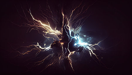 Energy discharge close up black backdrop. AI render.の写真素材