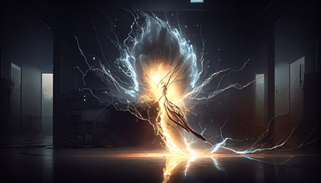 Energy discharge close up black backdrop. AI render.の写真素材
