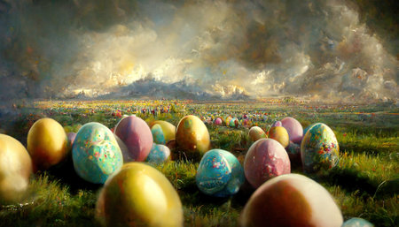 Field of Easter eggs. AI render.の写真素材