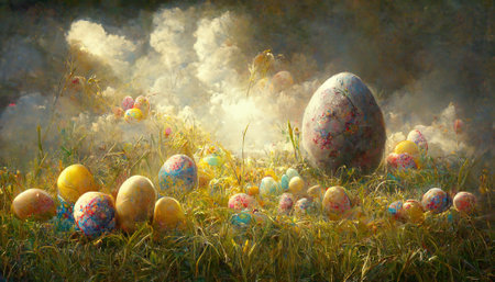 Field of Easter eggs. AI render.の写真素材