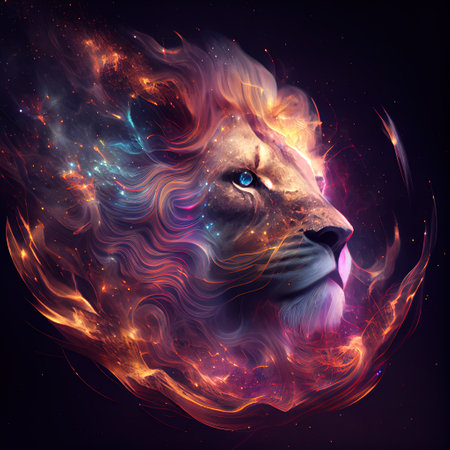 Lion from Galaxies spirals space nebula stars smoke. AI render.の写真素材