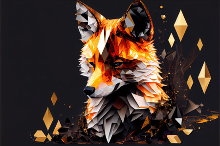 Polygonal fox head on black background. 3d illustration.の素材
