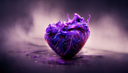 Heart made of purple paint splashing on dark background. Love concept.の写真素材
