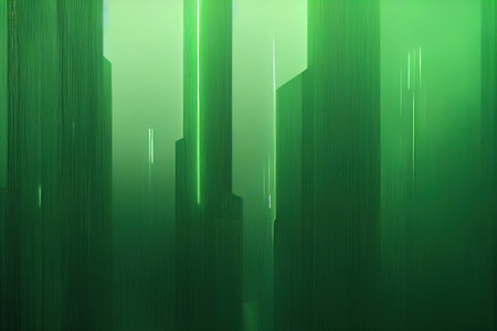 abstract 3d illustration of modern skyscrapers in green light