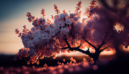 Cherry blossoms in full bloom at sunset, close-upの写真素材