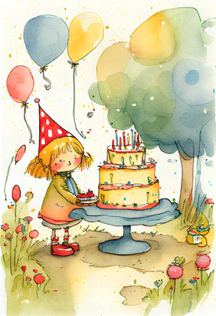 Happy child birthsday watercolor background. AI generated.の素材